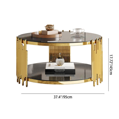 Mesa de café cilíndrica redonda contemporánea escandinava de vidrio con nota de acero inoxidable de 2 niveles para sala de estar 