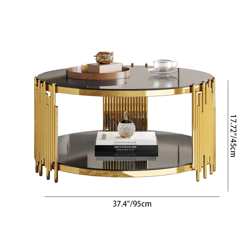 Mesa de café cilíndrica redonda contemporánea escandinava de vidrio con nota de acero inoxidable de 2 niveles para sala de estar 