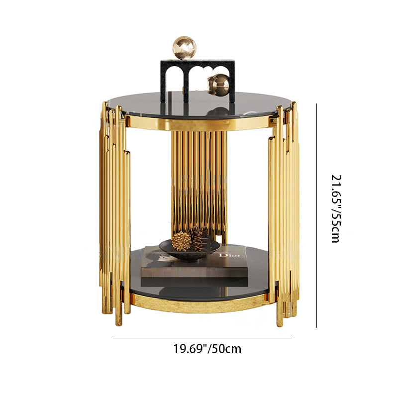 Mesa de café cilíndrica redonda contemporánea escandinava de vidrio con nota de acero inoxidable de 2 niveles para sala de estar 