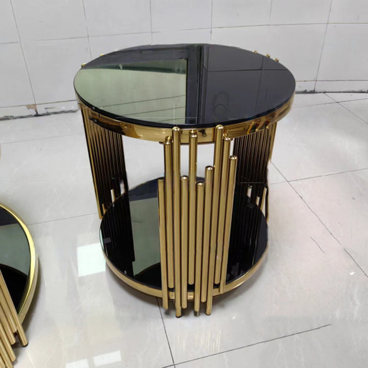 Zeitgenössischer skandinavischer runder Zylinder-Notiz-Glas-Edelstahl-Couchtisch 2-stufig für Wohnzimmer 