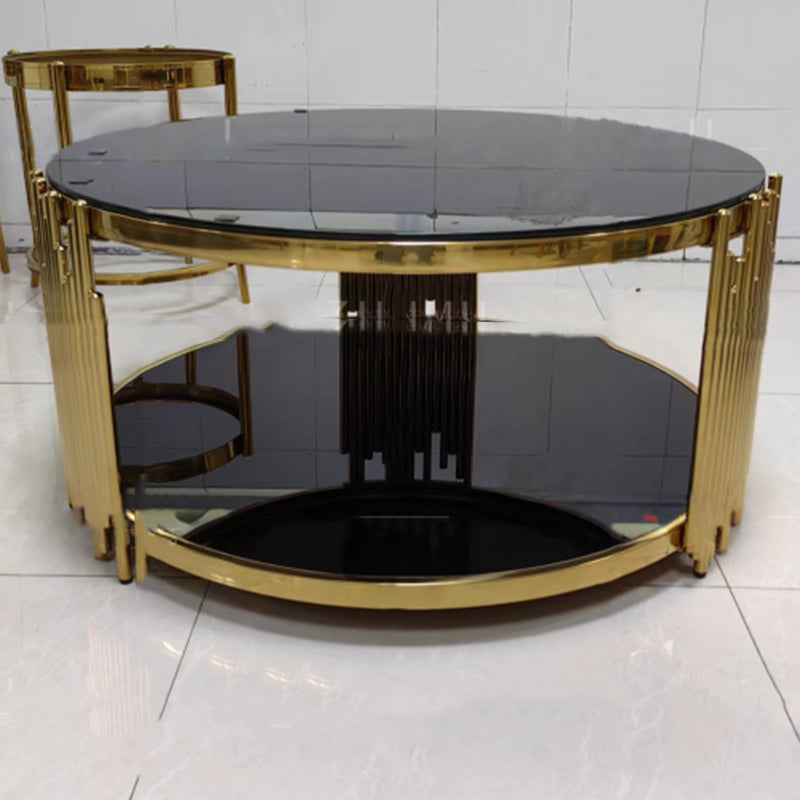 Mesa de café cilíndrica redonda contemporánea escandinava de vidrio con nota de acero inoxidable de 2 niveles para sala de estar 