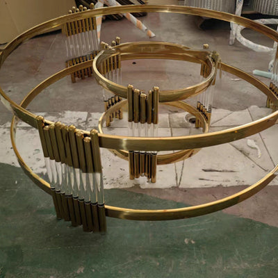 Mesa de café cilíndrica redonda contemporánea escandinava de vidrio con nota de acero inoxidable de 2 niveles para sala de estar 