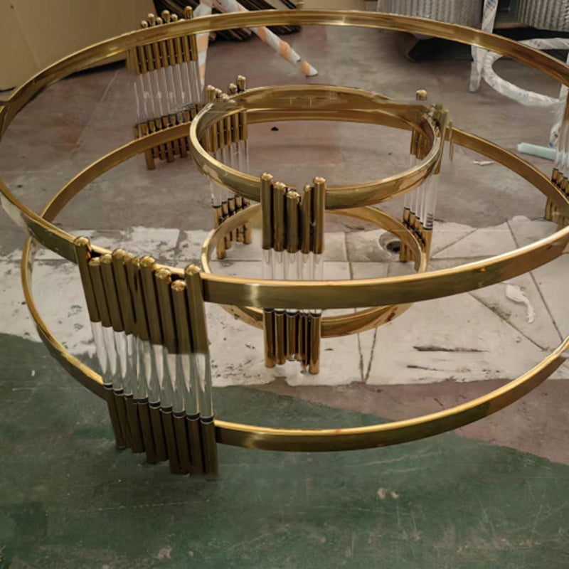 Mesa de café cilíndrica redonda contemporánea escandinava de vidrio con nota de acero inoxidable de 2 niveles para sala de estar 
