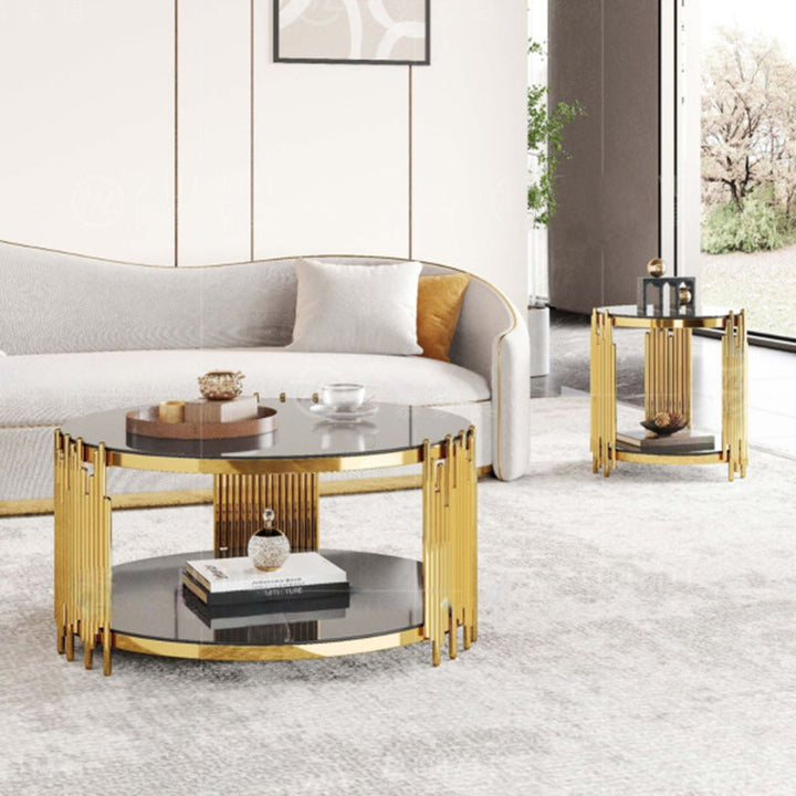 Zeitgenössischer skandinavischer runder Zylinder-Notiz-Glas-Edelstahl-Couchtisch 2-stufig für Wohnzimmer 