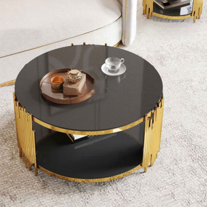 Zeitgenössischer skandinavischer runder Zylinder-Notiz-Glas-Edelstahl-Couchtisch 2-stufig für Wohnzimmer 