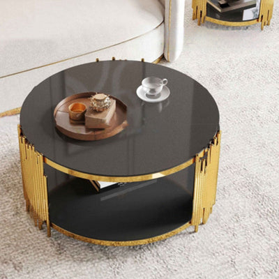 Mesa de café cilíndrica redonda contemporánea escandinava de vidrio con nota de acero inoxidable de 2 niveles para sala de estar 