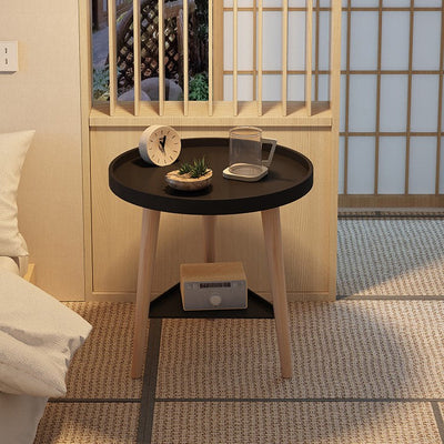 Mesa auxiliar de madera maciza de densidad de tablero cilíndrico triangular redondo contemporáneo escandinavo de 2 niveles para sala de estar 