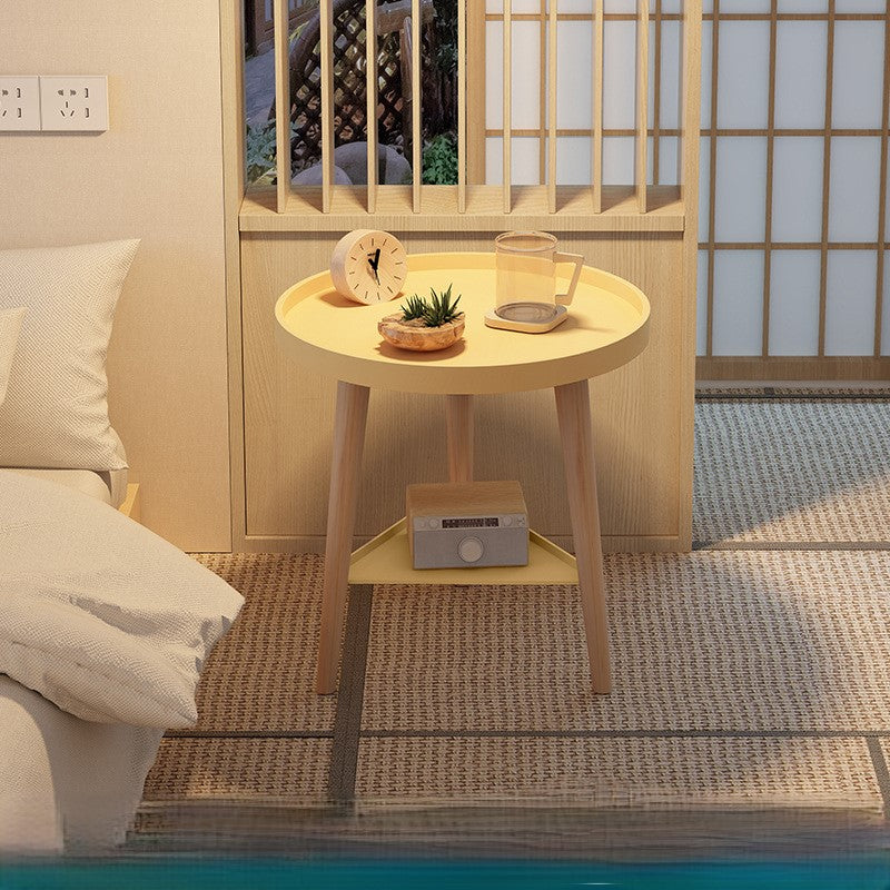 Mesa auxiliar de madera maciza de densidad de tablero cilíndrico triangular redondo contemporáneo escandinavo de 2 niveles para sala de estar 