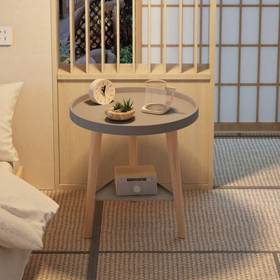 Mesa auxiliar de madera maciza de densidad de tablero cilíndrico triangular redondo contemporáneo escandinavo de 2 niveles para sala de estar 