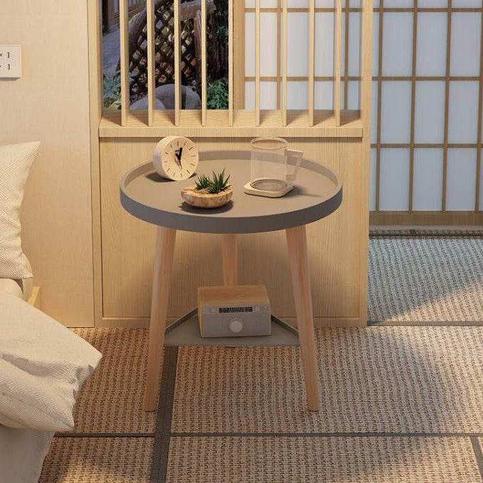 Mesa auxiliar de madera maciza de densidad de tablero cilíndrico triangular redondo contemporáneo escandinavo de 2 niveles para sala de estar 