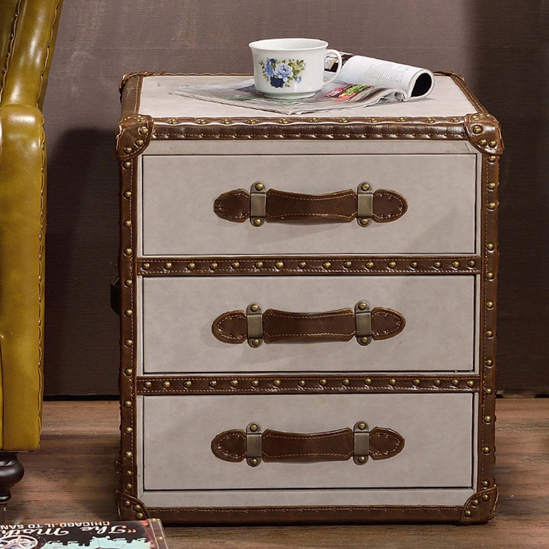 Contemporary Industrial Style Rectangular PU Leather Plywood Side Table 3-Drawer For Living Room