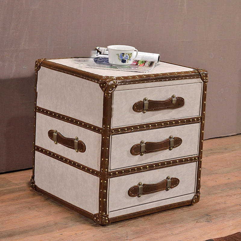 Contemporary Industrial Style Rectangular PU Leather Plywood Side Table 3-Drawer For Living Room