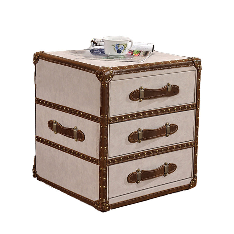 Contemporary Industrial Style Rectangular PU Leather Plywood Side Table 3-Drawer For Living Room
