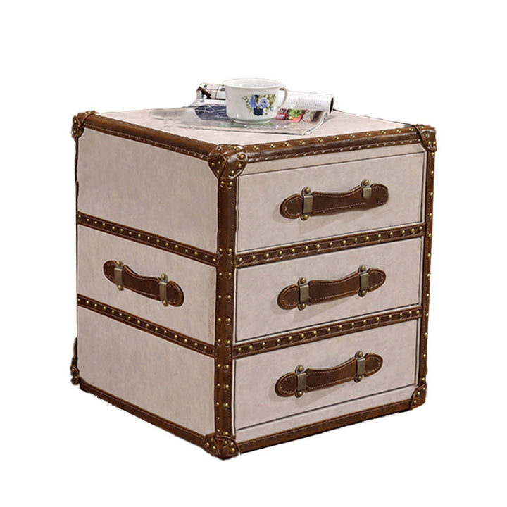 Contemporary Industrial Style Rectangular PU Leather Plywood Side Table 3-Drawer For Living Room