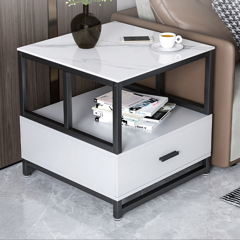 Modern Minimalist Square Rectangular Sintered Stone Particle Board Steel Side Table 2-Tier For Living Room
