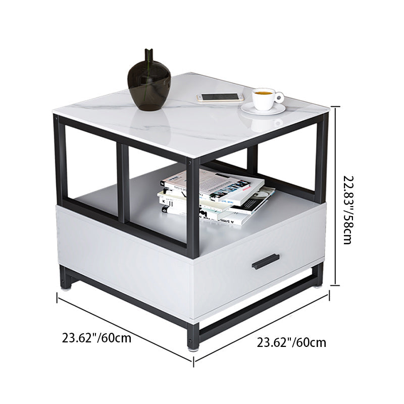 Modern Minimalist Square Rectangular Sintered Stone Particle Board Steel Side Table 2-Tier For Living Room