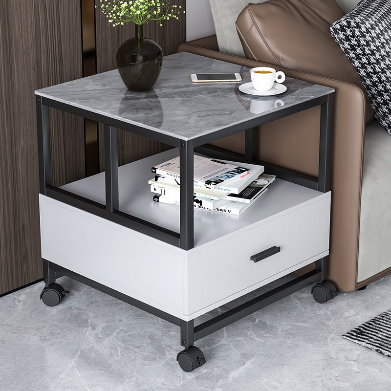 Modern Minimalist Square Rectangular Sintered Stone Particle Board Steel Side Table 2-Tier For Living Room