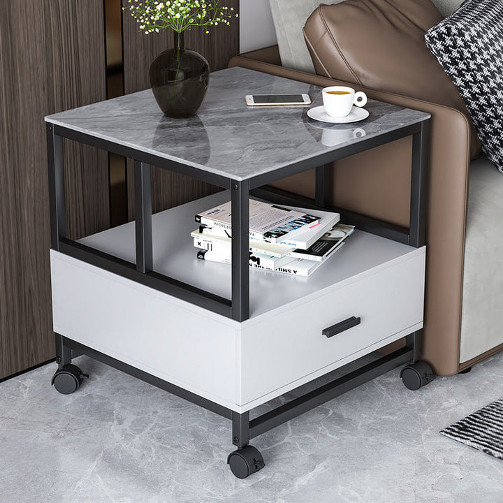 Modern Minimalist Square Rectangular Sintered Stone Particle Board Steel Side Table 2-Tier For Living Room