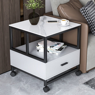 Modern Minimalist Square Rectangular Rock Slab Solid Wood Metal Side Table 2-Tier For Living Room