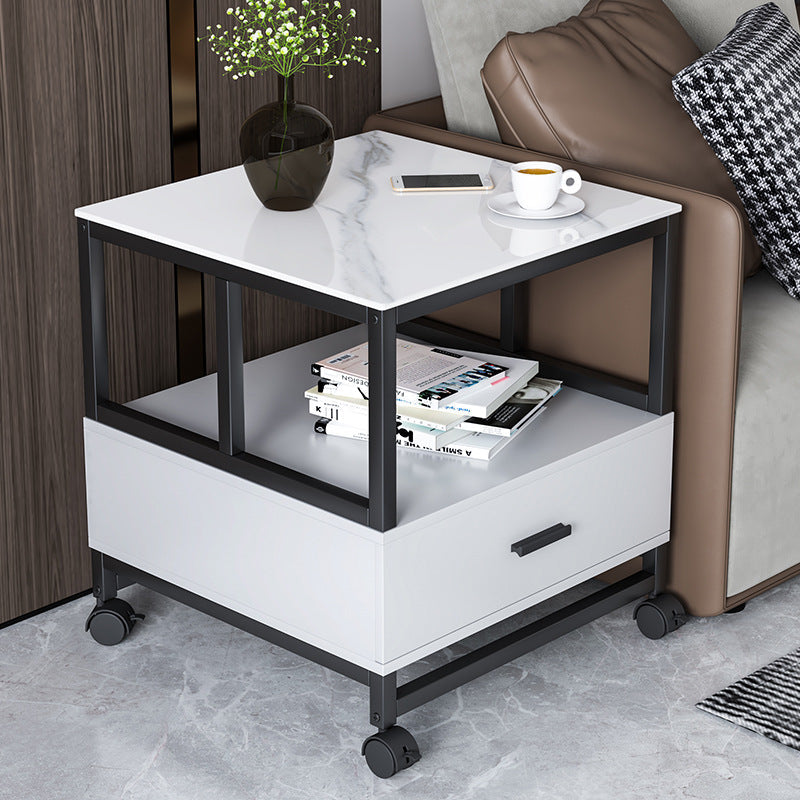 Modern Minimalist Square Rectangular Rock Slab Solid Wood Metal Side Table 2-Tier For Living Room