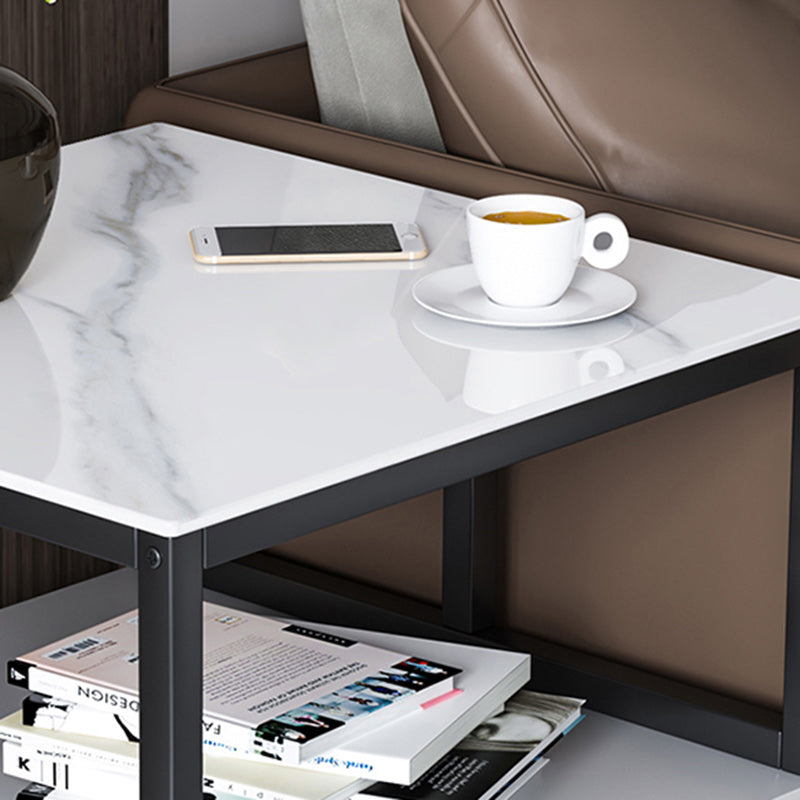 Modern Minimalist Square Rectangular Rock Slab Solid Wood Metal Side Table 2-Tier For Living Room