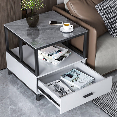 Modern Minimalist Square Rectangular Rock Slab Solid Wood Metal Side Table 2-Tier For Living Room