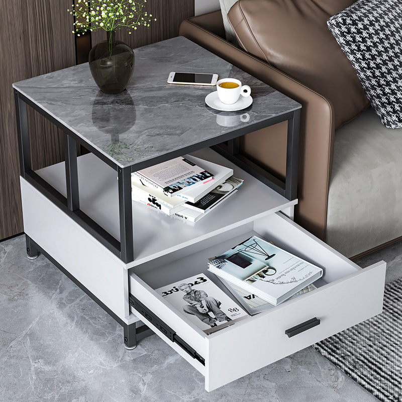 Modern Minimalist Square Rectangular Rock Slab Solid Wood Metal Side Table 2-Tier For Living Room