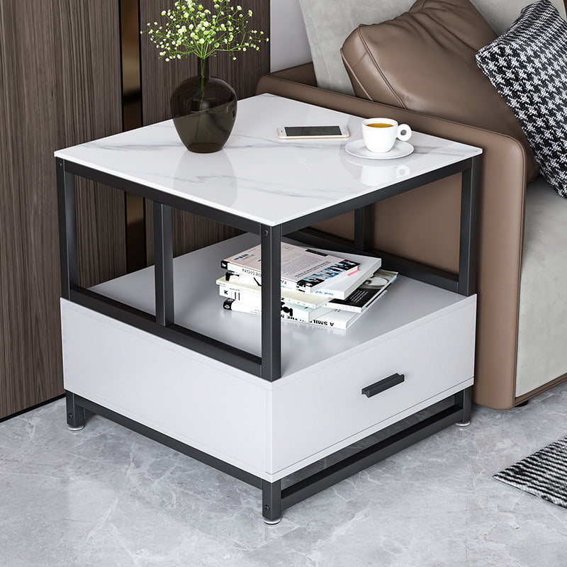 Modern Minimalist Square Rectangular Sintered Stone Particle Board Steel Side Table 2-Tier For Living Room