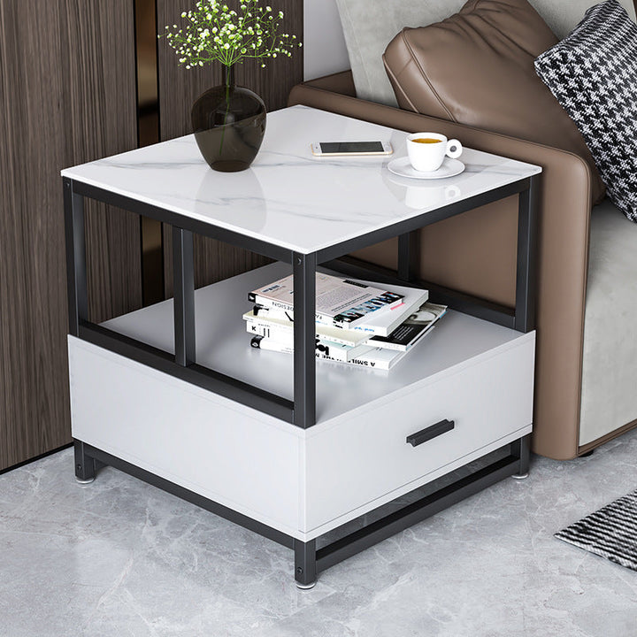 Modern Minimalist Square Rectangular Sintered Stone Particle Board Steel Side Table 2-Tier For Living Room