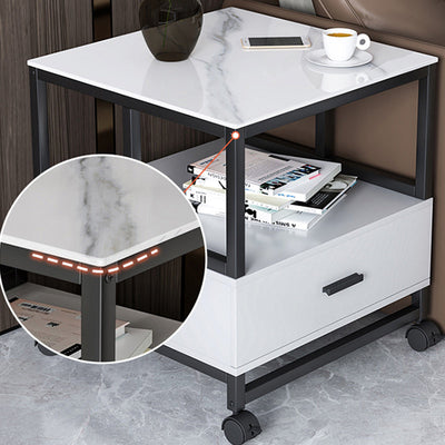 Modern Minimalist Square Rectangular Rock Slab Solid Wood Metal Side Table 2-Tier For Living Room