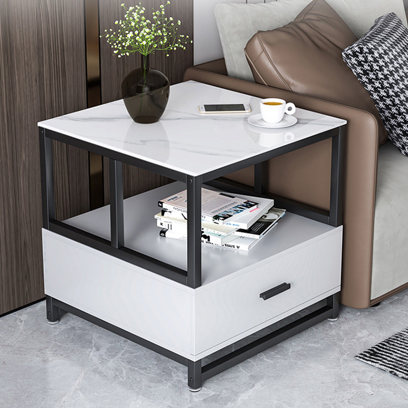 Modern Minimalist Square Rectangular Sintered Stone Particle Board Steel Side Table 2-Tier For Living Room