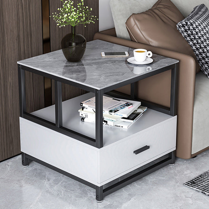 Modern Minimalist Square Rectangular Sintered Stone Particle Board Steel Side Table 2-Tier For Living Room