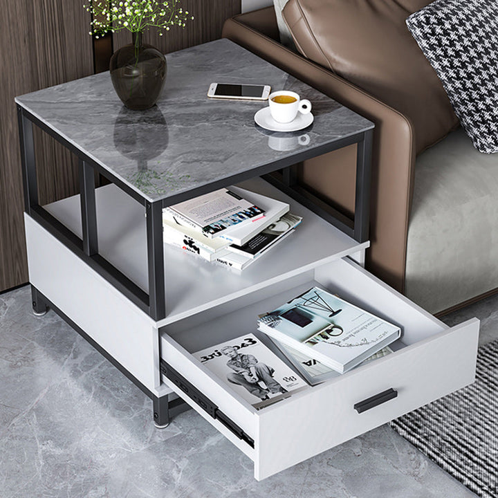 Modern Minimalist Square Rectangular Sintered Stone Particle Board Steel Side Table 2-Tier For Living Room