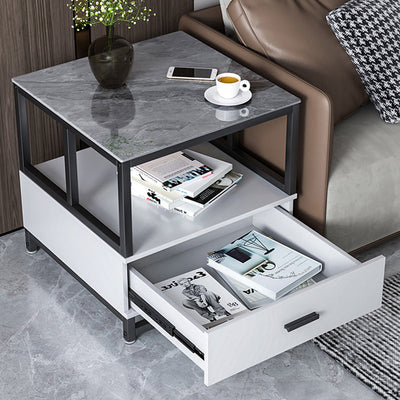 Modern Minimalist Square Rectangular Rock Slab Solid Wood Metal Side Table 2-Tier For Living Room