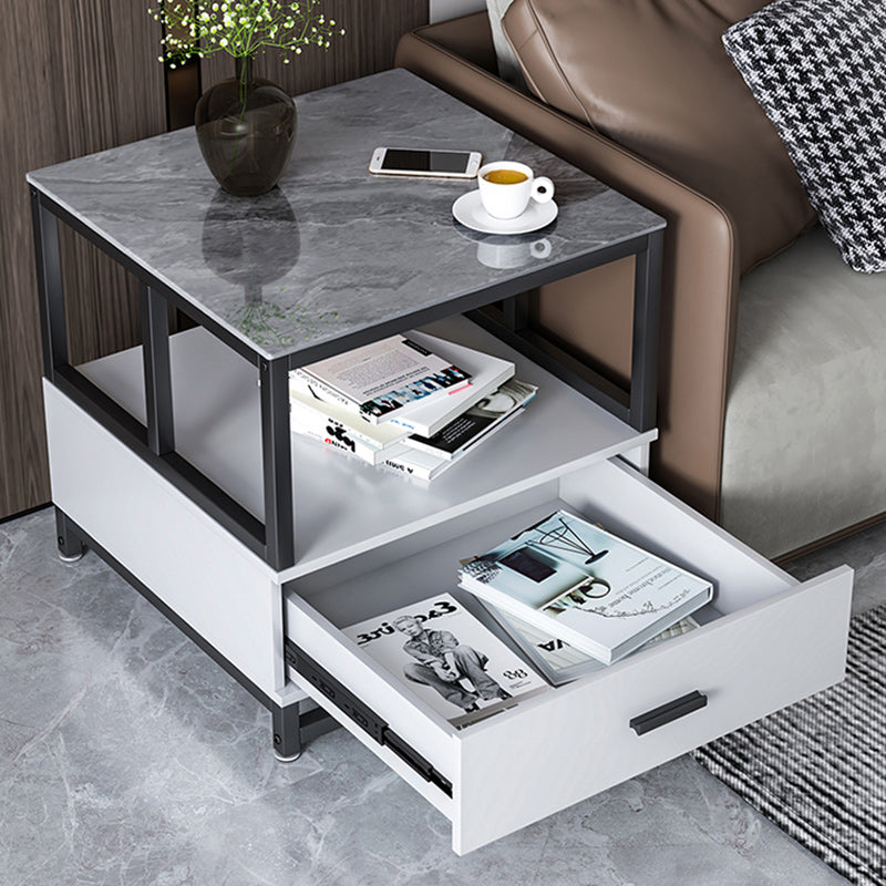 Modern Minimalist Square Rectangular Rock Slab Solid Wood Metal Side Table 2-Tier For Living Room