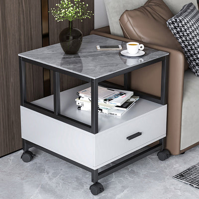 Modern Minimalist Square Rectangular Rock Slab Solid Wood Metal Side Table 2-Tier For Living Room
