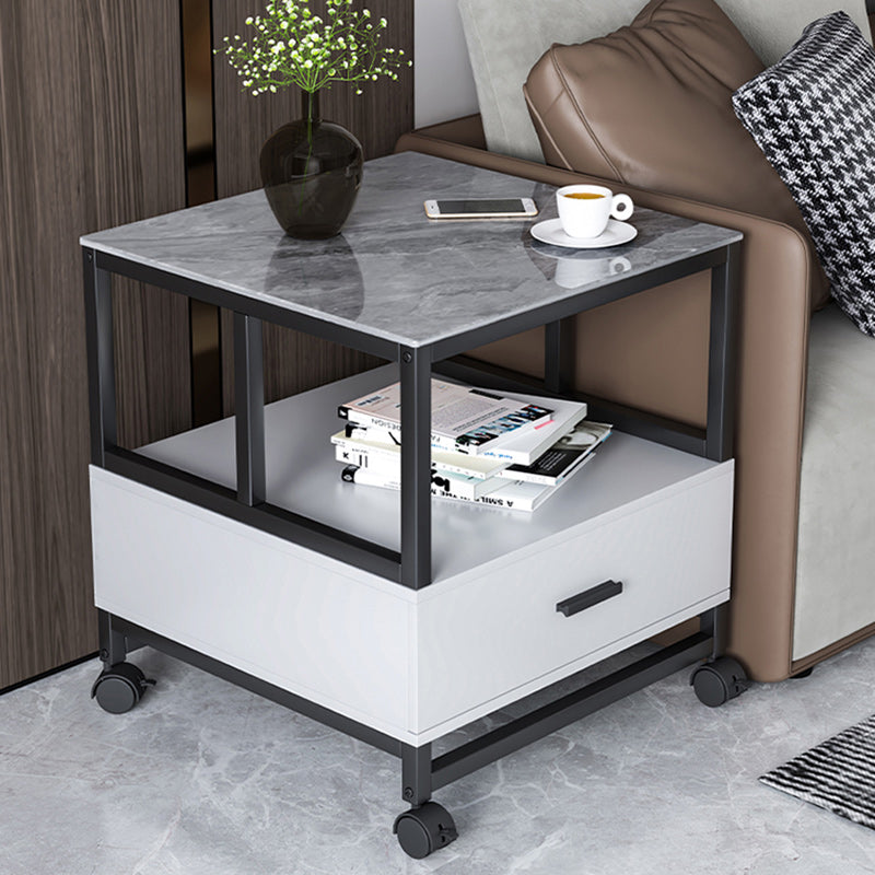 Modern Minimalist Square Rectangular Rock Slab Solid Wood Metal Side Table 2-Tier For Living Room