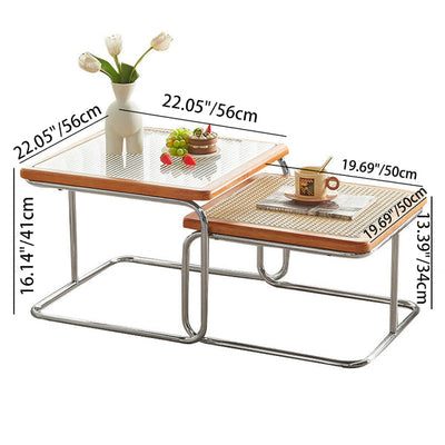 Zeitgenössischer nordischer quadratischer Glastisch mit Rattan-Oberfläche, ineinander verschachtelter Couchtisch für das Wohnzimmer 
