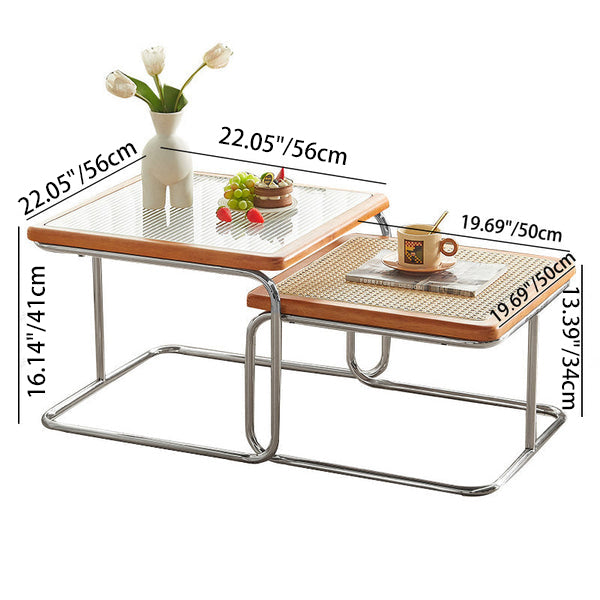 Zeitgenössischer nordischer quadratischer Glastisch mit Rattan-Oberfläche, ineinander verschachtelter Couchtisch für das Wohnzimmer 