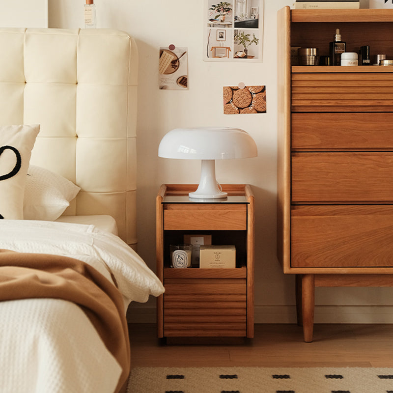 Moderner Retro-Nachttisch aus Sperrholz und Glas in Würfelform mit 3 Schubladen für das Schlafzimmer 