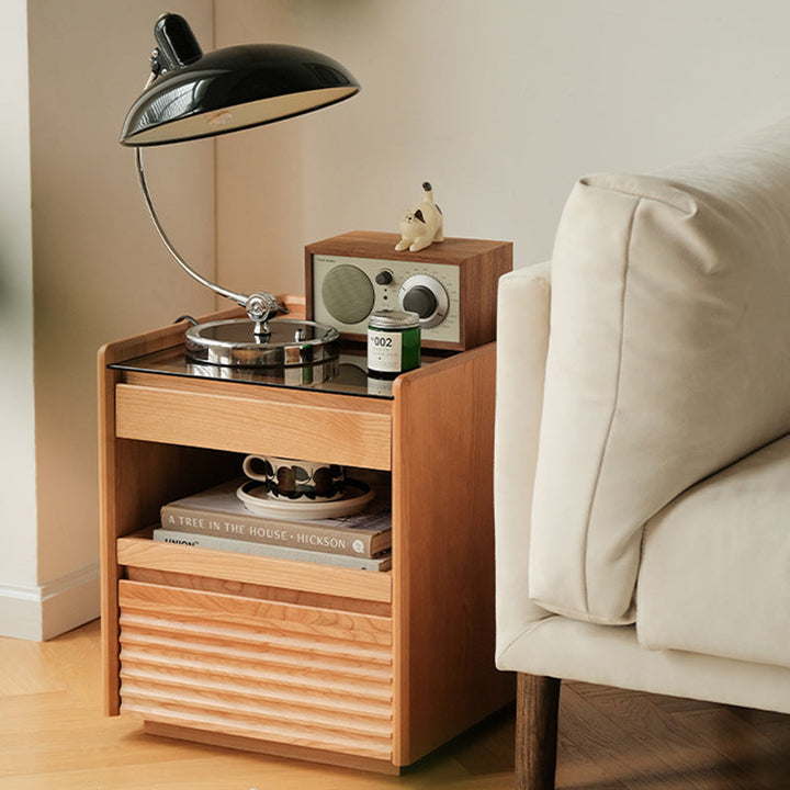 Moderner Retro-Nachttisch aus Sperrholz und Glas in Würfelform mit 3 Schubladen für das Schlafzimmer 