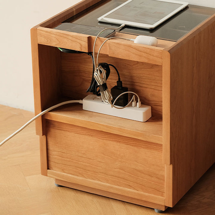 Moderner Retro-Nachttisch aus Sperrholz und Glas in Würfelform mit 3 Schubladen für das Schlafzimmer 