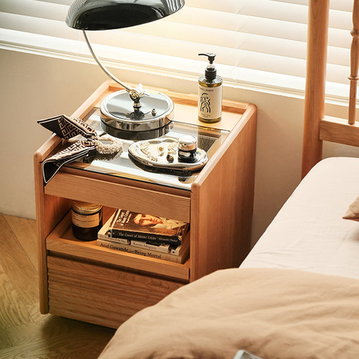 Moderner Retro-Nachttisch aus Sperrholz und Glas in Würfelform mit 3 Schubladen für das Schlafzimmer 