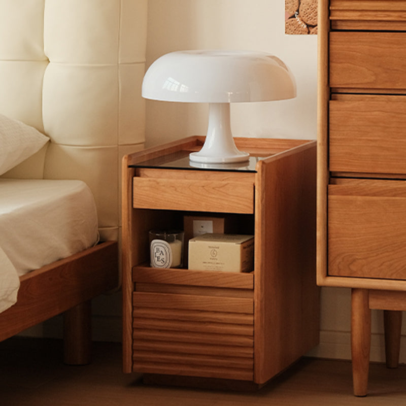 Moderner Retro-Nachttisch aus Sperrholz und Glas in Würfelform mit 3 Schubladen für das Schlafzimmer 