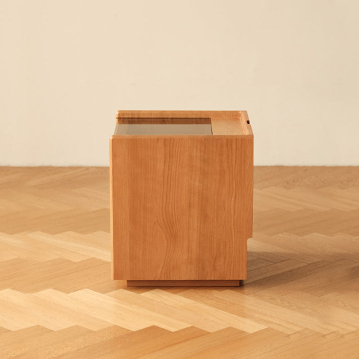 Moderner Retro-Nachttisch aus Sperrholz und Glas in Würfelform mit 3 Schubladen für das Schlafzimmer 