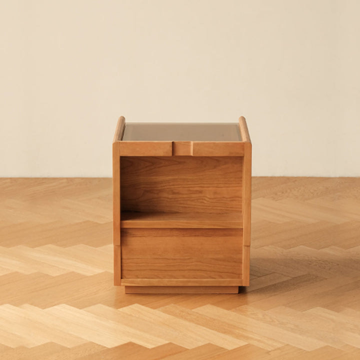 Moderner Retro-Nachttisch aus Sperrholz und Glas in Würfelform mit 3 Schubladen für das Schlafzimmer 