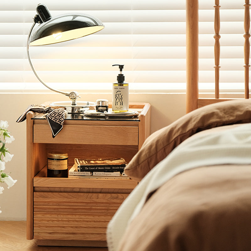 Moderner Retro-Nachttisch aus Sperrholz und Glas in Würfelform mit 3 Schubladen für das Schlafzimmer 