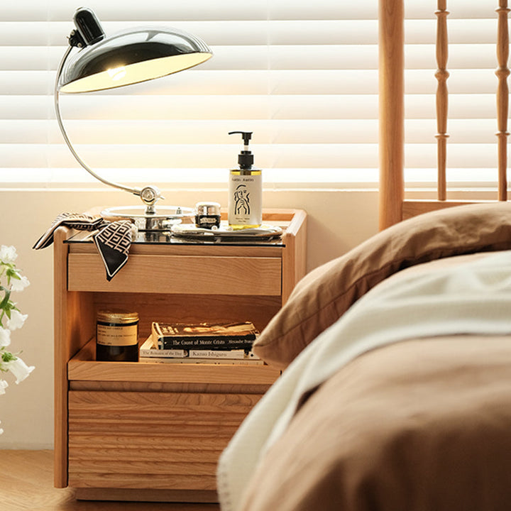 Moderner Retro-Nachttisch aus Sperrholz und Glas in Würfelform mit 3 Schubladen für das Schlafzimmer 