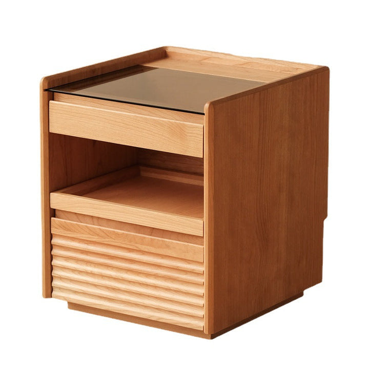 Moderner Retro-Nachttisch aus Sperrholz und Glas in Würfelform mit 3 Schubladen für das Schlafzimmer 