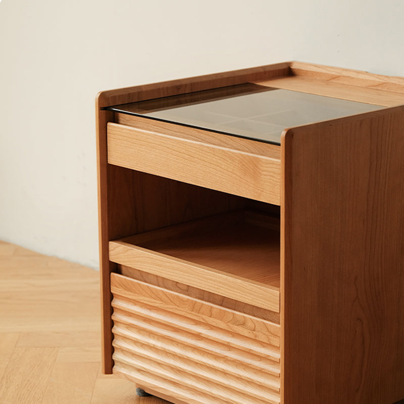 Moderner Retro-Nachttisch aus Sperrholz und Glas in Würfelform mit 3 Schubladen für das Schlafzimmer 